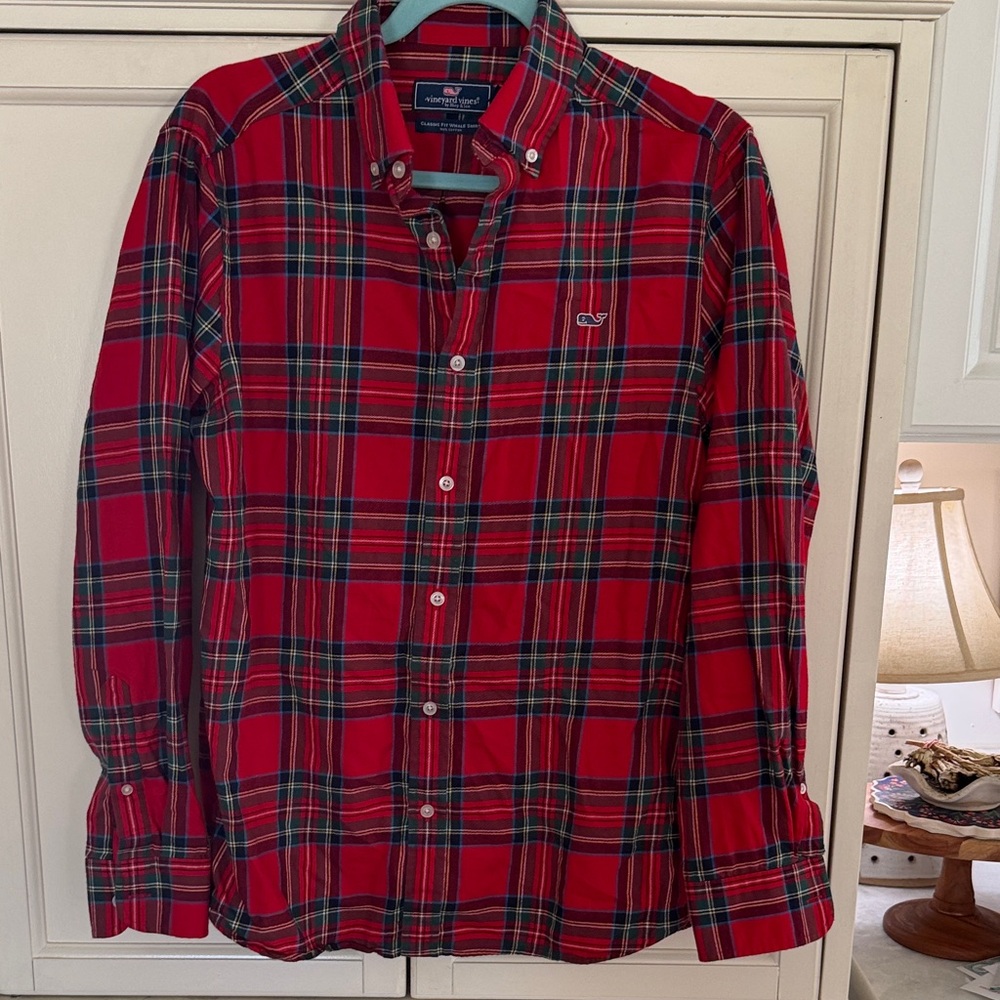 Vineyard Vines Men's Red and Green Plaid Shirt